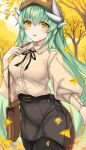  1girl beret black_pantyhose black_skirt blush breasts brown_bag brown_headwear dragon_girl dragon_horns fate/grand_order fate_(series) green_hair hand_up hat highres horns kiyohime_(fate) large_breasts long_hair long_sleeves looking_at_viewer morizono_shiki outdoors pantyhose parted_lips skirt smile solo yellow_eyes 