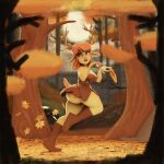  3d_(artwork) absurd_res antlers autumn autumn_leaves belt big_butt boots bottomwear butt clothing digital_media_(artwork) digital_painting_(artwork) fairy female footwear freckles hair happy hi_res holding_object horn humanoid leather leather_boots leather_clothing leather_footwear miniskirt mixed_media orange_eyes orange_hair painted_background playful scut_tail short_tail siakstuff skipping skirt smile solo tail underbutt yellow_body yellow_skin 