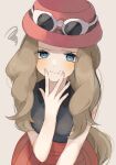  1girl :t blue_eyes blush brown_hair closed_mouth collared_shirt commentary_request eyelashes eyewear_on_headwear hand_up hat long_hair looking_at_viewer pink_headwear pokemon pokemon_(game) pokemon_xy red_skirt serena_(pokemon) shirt skirt sleeveless sleeveless_shirt solo squiggle sunglasses ume_(ume_445) white-framed_eyewear 