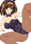  1girl animal_ears arm_support armpits bare_shoulders black_bow black_bowtie black_leotard blush bow bowtie breasts brown_eyes brown_hair brown_pantyhose cleavage collar collarbone commentary_request covered_navel detached_collar fake_animal_ears fake_tail feet_out_of_frame grin hair_bow hair_ornament hairband haruhisky highres holding_leg large_breasts leotard looking_at_viewer lying medium_hair official_alternate_costume on_side open_mouth orange_bow orange_hairband pantyhose playboy_bunny rabbit_ears rabbit_tail simple_background single_sidelock smile solo spread_legs strapless strapless_leotard suzumiya_haruhi suzumiya_haruhi_no_yuuutsu swept_bangs tail v-shaped_eyebrows white_background white_collar wrist_cuffs 