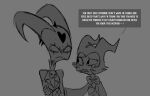  &lt;3 blitzo_(helluva_boss) bow_ribbon crossed_arms dialogue duo grey_background helluva_boss hi_res horn imp looking_away male monochrome moxxie_(helluva_boss) simple_background standing teathekook text white_text 