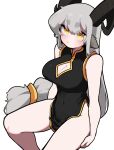  1girl absurdres animal_ears bare_shoulders black_dress bolt_(min_lona) breasts china_dress chinese_clothes cleavage cleavage_cutout clothing_cutout dress goat_ears goat_girl goat_horns grey_hair groin highres horns invisible_chair large_breasts long_hair min_lona original rectangular_pupils simple_background sitting sleeveless sleeveless_dress solo thick_eyebrows very_long_hair white_background yellow_eyes 