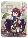  1girl ahoge aoki_shizumi atelier_(series) atelier_sophie blue_coat bomb book book_stack boots brown_footwear cauldron coat collared_coat corset explosive full_body gem head_scarf highres holding holding_staff indoors jewelry long_sleeves necklace picture_frame plachta red_eyes red_hair red_skirt short_hair skirt sophie_neuenmuller staff standing wide_sleeves 