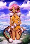  1girl :d animal_ears animal_print arm_at_side barefoot blue_sky bob_cut body_fur breasts brown_fur cloud cloudy_sky commentary dark-skinned_female dark_skin day dress earth_(planet) english_commentary facial_mark full_body fur-trimmed_anklet fur-trimmed_dress fur_cuffs fur_trim furry furry_female genzoman grass hand_on_own_arm jewelry kneeling looking_at_viewer merle_(tenkuu_no_escaflowne) mixed-language_commentary mountain mountainous_horizon necklace on_ground open_mouth outdoors parted_bangs pendant pink_hair planet pointy_ears purple_eyes rock short_dress short_hair sitting sky small_breasts smile solo striped tail teeth tenkuu_no_escaflowne upper_teeth_only wariza whisker_markings yellow_dress 