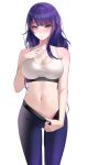  1girl absurdres alternate_costume bare_shoulders blunt_bangs blush breasts closed_mouth clothes_pull genshin_impact highres large_breasts long_hair looking_at_viewer maenoo mole mole_under_eye navel pants pants_pull pulled_by_self purple_eyes purple_hair purple_pants raiden_shogun simple_background solo sports_bra sportswear stomach sweat white_background white_sports_bra yoga_pants 