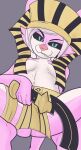  2023 anthro aurora_(shai_dreamcast) black_sclera bottomwear breasts canid canine canis clothing cosplay covered_nipples digital_media_(artwork) egyptian female fur hair hi_res jackal loincloth looking_at_viewer mammal navel pink_body pink_fur sh1vss simple_background sitting solo white_body white_fur white_hair 