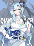  1girl blue_hair breasts earrings english_text gloves griseo griseo_(cosmic_expression) hand_on_own_hip highres honkai_(series) honkai_impact_3rd jewelry large_breasts light_blue_hair looking_at_viewer paint paintbrush smile solo sparks_summer star_wars white_gloves white_sleeves 