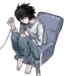  1boy barefoot black_eyes black_hair blue_pants chair cuffs death_note handcuffs knees_up l_(death_note) long_sleeves looking_at_viewer male_focus mkhrin pants shirt simple_background sitting solo white_background white_shirt 