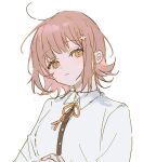  1girl black_shirt brown_eyes brown_hair collared_shirt danganronpa_(series) danganronpa_2:_goodbye_despair dress_shirt frown galaga hair_ornament highres long_sleeves looking_at_viewer medium_hair messy_hair nanami_chiaki neck_ribbon no_jacket nokoru_sora own_hands_together red_ribbon ribbon shirt short_hair solo two-tone_shirt upper_body white_shirt 