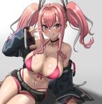  1girl absurdres arm_support azur_lane bare_shoulders belt bikini black_choker black_shorts blue_coat blush breasts bremerton_(azur_lane) choker cleavage coat collarbone commentary front-tie_bikini_top front-tie_top gint=ktouka grey_belt grey_hair grin hair_between_eyes hair_intakes hair_ornament highres large_breasts lifebuoy_ornament long_hair looking_at_viewer mole mole_on_breast mole_under_eye multicolored_hair navel navel_piercing off_shoulder piercing pink_bikini pink_eyes pink_hair shadow short_shorts shorts side-tie_bikini_bottom sidelocks simple_background sitting smile solo stomach streaked_hair swimsuit teeth thigh_strap twintails two-tone_hair v white_background 
