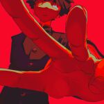  1boy arm_at_side buttons commentary fishcoooo floating_hair foreshortening gakuran hand_focus high_collar highres kageyama_shigeo long_sleeves male_focus mob_psycho_100 monochrome open_mouth outstretched_hand red_theme sanpaku school_uniform short_hair simple_background solo upper_body upturned_eyes 
