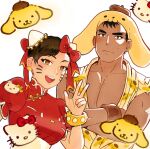  1boy 1girl :3 absurdres alternate_color animal_ears beret black_hair blush bow bracelet brown_eyes brown_hair brown_headwear bun_cover cat character_hair_ornament character_print china_dress chinese_clothes chun-li crossed_arms crossover dog dog_ears double_bun dougi drawn_whiskers dress earrings hair_bow hair_bun hair_ornament hat hello_kitty hello_kitty_(character) highres jewelry mangoblin muscular muscular_male open_mouth pectoral_cleavage pectorals pompompurin puffy_short_sleeves puffy_sleeves red_bow ryu_(street_fighter) sanrio short_sleeves smile spiked_bracelet spikes street_fighter sweatdrop tan teeth twitter_username upper_teeth_only v white_background 