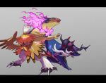  claws commentary_request fang fang_out fangs fire goze_(ginnaaaaaaan) grey_background highres hisuian_decidueye hisuian_samurott hisuian_typhlosion no_humans open_mouth pink_eyes pink_fire pokemon pokemon_(creature) spikes talons 