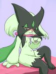  anthro areola blush breasts female generation_9_pokemon green_body half-closed_eyes hi_res lazza looking_at_viewer meowscarada narrowed_eyes nintendo nipples pokemon pokemon_(species) purple_eyes small_breasts smile solo 