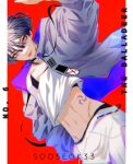  1boy alternate_costume bishounen cowboy_shot english_text genshin_impact highres male_focus midriff purple_eyes purple_hair red_background scaramouche_(genshin_impact) short_hair simple_background solo sooseok33 stomach_tattoo tattoo tongue tongue_out 