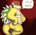  anthro bowser bowser_day dextriux facial_piercing hair hi_res koopa male mario_bros musclegut muscular nintendo nose_piercing nose_ring orange_eyes piercing red_background red_hair ring_piercing scales scalie shell simple_background solo speech_bubble spikes spikes_(anatomy) text yellow_body yellow_scales 