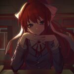  1girl breasts brown_hair brown_vest chinese_commentary closed_mouth collared_shirt commentary_request doki_doki_literature_club film_grain gao_tongren_wanjiebufu green_eyes grey_jacket hair_ribbon highres indoors jacket long_hair long_sleeves looking_at_viewer monika_(doki_doki_literature_club) neck_ribbon own_hands_together red_ribbon ribbon shirt small_breasts smile solo vest white_ribbon white_shirt 
