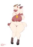  anthro bell bell_collar big_breasts bovid breasts capcom caprine cloven_hooves collar female fur hair hair_over_eyes herbivore_(mh) hi_res hooves horn mammal monster_hunter moofah nipples nude open_mouth sheep simple_background solo thericegoat white_background white_body white_fur white_hair wide_hips wool_(fur) 