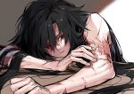  1boy bare_shoulders black_eyes black_hair burn_scar highres leaning_on_table long_hair male_focus original red_eyes scar scar_on_arm sketch solo tank_top upper_body very_long_hair waka_(shark_waka) 