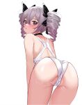  1girl ass back back_cutout bare_shoulders bent_over black_choker bow bronya_zaychik cameltoe chinese_commentary choker clothing_cutout commentary_request cowboy_shot drill_hair from_behind gree4 grey_eyes grey_hair hair_between_eyes hair_bow honkai_(series) honkai_impact_3rd long_hair looking_at_viewer looking_back one-piece_swimsuit parted_lips simple_background skindentation solo swimsuit thighs twin_drills twintails white_background white_one-piece_swimsuit 