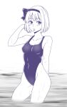  1girl blush breasts collarbone commentary_request eyelashes hairband hand_to_head konpaku_youmu lips looking_at_viewer medium_breasts monochrome one-piece_swimsuit parted_lips partially_submerged shiraue_yuu short_hair solo standing swimsuit teeth touhou water wet white_background 