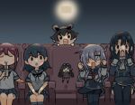  6+girls akebono_(kancolle) black_gloves black_hair black_headwear blue_eyes chair dark fairy_(kancolle) gloves grey_hair hat hibiki_(kancolle) jumping kantai_collection long_hair looking_at_viewer mini_person minigirl movie_theater multiple_girls saiguchi_otoufu school_uniform serafuku short_hair takao_(kancolle) theater_seating unworn_hat unworn_headwear ushio_(kancolle) watching yukikaze_(kancolle) 