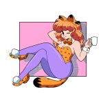  1girl animal_ears black_eyes border bow bowtie breasts cat_ears cat_tail chickorysticks closed_mouth crossed_legs cup detached_collar drop_shadow fake_animal_ears fake_tail full_body garfield garfield_(character) high_heels highres holding holding_cup invisible_chair leotard long_hair looking_at_viewer medium_breasts mug no_sclera nontraditional_playboy_bunny one_eye_closed orange_bow orange_bowtie orange_footwear orange_hair orange_leotard pantyhose pink_background pom_pom_(clothes) purple_pantyhose simple_background sitting smile solo strapless strapless_leotard tail traditional_bowtie white_border wrist_cuffs 