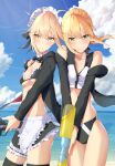  2girls absurdres apron artoria_pendragon_(alter_swimsuit_rider)_(fate) artoria_pendragon_(alter_swimsuit_rider)_(second_ascension)_(fate) artoria_pendragon_(fate) artoria_pendragon_(swimsuit_archer)_(fate) artoria_pendragon_(swimsuit_archer)_(second_ascension)_(fate) beach bikini black_bikini black_bow black_bowtie black_jacket blonde_hair blue_sky blush bow bowtie breasts cloak closed_mouth cloud commentary_request day detached_collar dual_persona fate/grand_order fate_(series) floating_hair fukuidesu0110 green_eyes gun hair_between_eyes hair_ribbon highres holding holding_gun holding_water_gun holding_weapon jacket looking_at_viewer low_ponytail maid maid_headdress multiple_girls ocean open_cloak open_clothes open_jacket outdoors ribbon sand short_hair sky small_breasts smile swimsuit two-tone_bikini waist_apron water water_gun weapon wet white_apron white_bikini 