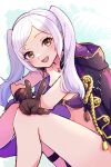  1girl :d bikini breasts brown_gloves brown_hair fire_emblem fire_emblem_awakening fire_emblem_heroes gloves gogatsu_(yeaholiday) jacket jacket_on_shoulders jewelry long_hair looking_at_viewer necklace o-ring o-ring_bikini official_alternate_costume open_mouth parted_bangs purple_bikini robin_(female)_(fire_emblem) robin_(female)_(summer)_(fire_emblem) robin_(fire_emblem) smile solo swimsuit thigh_strap twintails w white_hair 