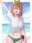  1girl absurdres arm_up beach bikini bikini_under_clothes blush border bow breasts closed_eyes gakkunning go-toubun_no_hanayome green_bikini green_bow green_hairband green_ribbon hair_between_eyes hair_ribbon hairband halterneck highres large_breasts nakano_yotsuba navel no_pants open_mouth orange_hair outdoors outside_border ribbon see-through shirt side-tie_bikini_bottom smile solo stomach string_bikini swimsuit t-shirt white_border white_shirt 