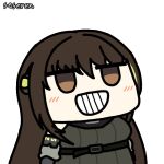  1girl animated animated_gif artist_name atsuko&#039;s_grin_(meme) brown_eyes brown_hair chibi chinese_commentary commentary_request girls&#039;_frontline grin long_hair lowres m4a1_(girls&#039;_frontline) meme mod3_(girls&#039;_frontline) multicolored_hair particle_cannon_case seseren simple_background smile solo streaked_hair teeth transparent_background 