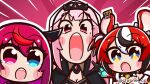  3girls :o animal_ears blue_eyes blush blush_stickers breasts chroneco cleavage dice_hair_ornament emphasis_lines hair_between_eyes hair_ornament hakos_baelz heterochromia highres hololive hololive_english irys_(hololive) long_hair meme mori_calliope mouse_ears multiple_girls open_mouth pink_background pink_eyes pink_hair red_eyes red_hair soyjak teeth twitter_username two_soyjaks_pointing_(meme) upper_teeth_only virtual_youtuber white_hair 