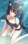  1girl animal_ears black_hair blue_archive cat_ears halo highres long_hair looking_at_viewer official_alternate_costume pxz_(ansony9898) red_eyes serika_(blue_archive) serika_(swimsuit)_(blue_archive) solo swimsuit twintails 