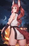  1girl animal_ear_fluff animal_ears artist_name bare_shoulders black_gloves black_thighhighs blunt_bangs blurry blurry_background borrowed_character breasts cloud commentary cowboy_shot crescent_moon dress english_commentary fox_ears fox_girl fox_tail from_behind gloves grey_eyes highres jack-o&#039;-lantern light_blush long_hair looking_at_viewer looking_back medium_breasts mole mole_under_eye moon night night_sky original outdoors parted_lips personal_ami pumpkin red_hair sky sleeveless sleeveless_dress solo tail tail_through_clothes thighhighs twintails 