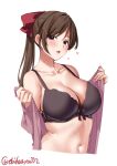  1girl black_bra blush bow bra breasts brown_hair cleavage cropped_torso ebifurya hair_bow hair_ornament hair_ribbon hairclip highres kantai_collection large_breasts lips long_hair looking_at_viewer mamiya_(kancolle) navel no_ahoge one-hour_drawing_challenge open_mouth purple_eyes ribbon ribbon_bra smile solo stomach twitter_username underwear white_background 