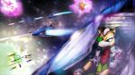  anthro arwing battle canid canine clothing explosion fight fox fox_mccloud gloves green_eyes grin handwear hi_res jacket katamichi laser male mammal nintendo smile solo space star star_fox topwear visor 