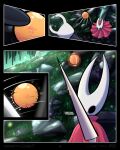  2023 4:5 arthropod battle black_body clothing comic detailed_background digital_drawing_(artwork) digital_media_(artwork) duo english_text female hi_res holding_object holding_weapon hollow_knight hornet_(hollow_knight) humanoid jellli looking_at_another looking_at_viewer male orb plant red_cloak red_clothing rock shaded team_cherry text the_knight_(hollow_knight) throwing_object weapon 