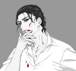  1boy arizuka_(catacombe) black_hair blood blood_from_mouth blood_on_clothes bloodborne collarbone grey_background hand_up male_focus original pale_skin shirt short_hair simple_background solo white_shirt 