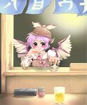  1girl alcohol animal_ears bird_ears bird_wings black_eyes blush bow brown_dress brown_headwear cup dress earrings fingernails food_stand green_nails hat highres holding holding_cup hoop_earrings ice ice_cube jewelry long_fingernails long_sleeves mystia_lorelei pink_bow pink_hair sharp_fingernails short_hair single_earring smile solo touhou tutiyalove white_wings winged_hat wings yatai 