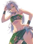  1girl chiharu_(9654784) eiyuu_densetsu fie_claussell green_eyes highres long_hair looking_at_viewer looking_down sen_no_kiseki sidelocks simple_background sky smile solo swimsuit white_background white_hair 