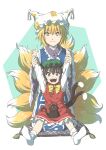  2girls :d animal_ear_fluff animal_ears arms_up black_cat blonde_hair blue_tabard bow bowtie brown_eyes brown_hair cat cat_ears cat_tail chen closed_mouth commentary_request dress eyebrows_hidden_by_hair fox_ears fox_tail frills full_body green_headwear hair_between_eyes happy hat highres holding_another&#039;s_arm index_finger_raised inuno_rakugaki light_smile looking_at_viewer mob_cap multiple_girls multiple_tails nekomata no_shoes petticoat pillow red_skirt red_vest short_hair simple_background sitting size_difference skirt skirt_set smile socks tabard tail touhou two_tails vest white_background white_dress wide_sleeves yakumo_ran yellow_bow yellow_bowtie yellow_eyes 