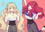  2girls :d arm_up blonde_hair blue_background bow celine_(fire_emblem) commentary_request crop_top dfhnokenbutu facial_mark fire_emblem fire_emblem_engage green_bow green_eyes grey_pants hair_bow hand_up long_hair looking_at_viewer multiple_girls official_alternate_costume open_mouth pants red_background shirt short_sleeves smile star_(symbol) two-tone_background very_long_hair yunaka_(fire_emblem) 