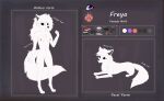  anthro canid canine character_name colored controller drawing fan_character female feral fluffy fluffy_tail freya_(joeumbre) fur headphones hi_res joeumbre mammal model_sheet multiple_forms purple_eyes snow solo tail white_body white_fur 