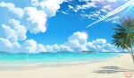  absurdres artist_logo beach blue_sky cloud contrail day highres no_humans ocean original outdoors palm_tree sand scenery sky sumassha_t_t tree water 