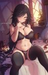 1girl beer_mug belt black_bra black_hair black_panties black_thighhighs blush book book_stack bra breasts candle cleavage coin covering_mouth cup hand_up indoors large_breasts long_hair looking_at_viewer mitsu_(mitsu_art) mug navel on_bed original paid_reward_available panties patreon_username plant potted_plant sitting solo stomach thighhighs underwear underwear_only very_long_hair window yellow_eyes 