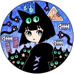  1girl :3 animal_ears black_cat black_hair black_hoodie blue_background blunt_bangs blush_stickers bob_cut bright_pupils cat cat_ears commentary_request dot_nose extra_eyes fish_bone garouma green_eyes highres hitodama hood hood_down hoodie looking_to_the_side original parted_lips round_image short_hair sign signature solo star_(symbol) translation_request upper_body warning_sign white_pupils 