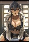  1girl alternate_costume artist_name bikini black_bikini black_hair black_shorts breasts brown_eyes cleavage collarbone commentary_request front-tie_bikini_top front-tie_top grey_hoodie hair_between_eyes highres hood hood_down hoodie kantai_collection large_breasts long_hair long_sleeves looking_at_viewer navel open_clothes open_hoodie open_mouth ponytail seitei_(04seitei) shorts sidelocks solo swimsuit very_long_hair yahagi_(kancolle) 