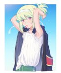  1boy armband armpits arms_up black_jacket blonde_hair blue_background border colored_eyelashes commentary gradient_background green_pants headband highres jacket jacket_on_shoulders kome_1022 lio_fotia male_focus otoko_no_ko pants promare purple_eyes red_armband shirt short_hair solo standing sweat symbol-only_commentary tying_hair white_border white_headband white_shirt 