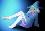  anthro bottomless bovid caprine clothed clothing deltarune eyewear genitals glasses goat looking_at_viewer male mammal open_mouth open_smile penis ralsei simple_background sitting smile solo undertale_(series) xu53r 
