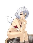  1girl angel_wings antenna_hair bath bikini commentary_request grey_hair highres kokkoro_(princess_connect!) medium_hair navel pointy_ears princess_connect! red_bikini red_eyes shin_(shincrz) sitting smile soaking_feet solo steam swimsuit wings 